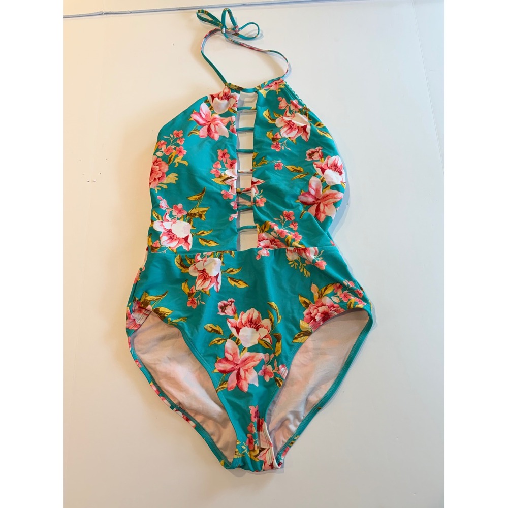 Teal Floral Halter One Piece Swimsuit Ladder Cutout Front Open Back Womens L